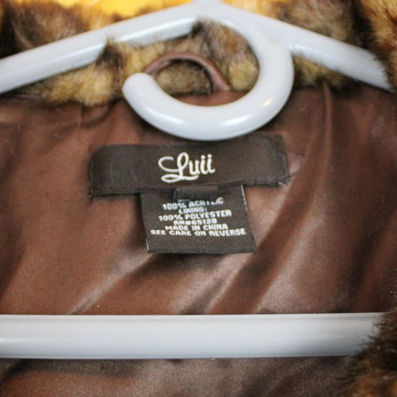Luii Faux Fur Jacket Large Brown Vegan Animal Friendly 3/4 Sleeve Formal D36 - Picture 7 of 12